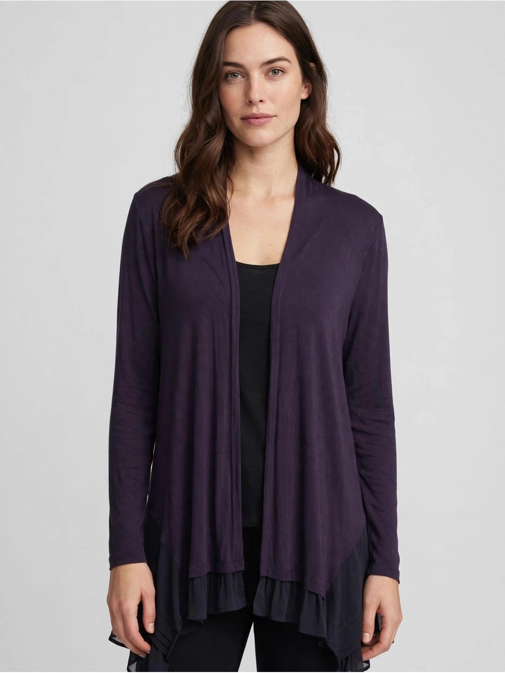 LOGO by Lori Goldstein Open-Front Longline Cardigan in Plum